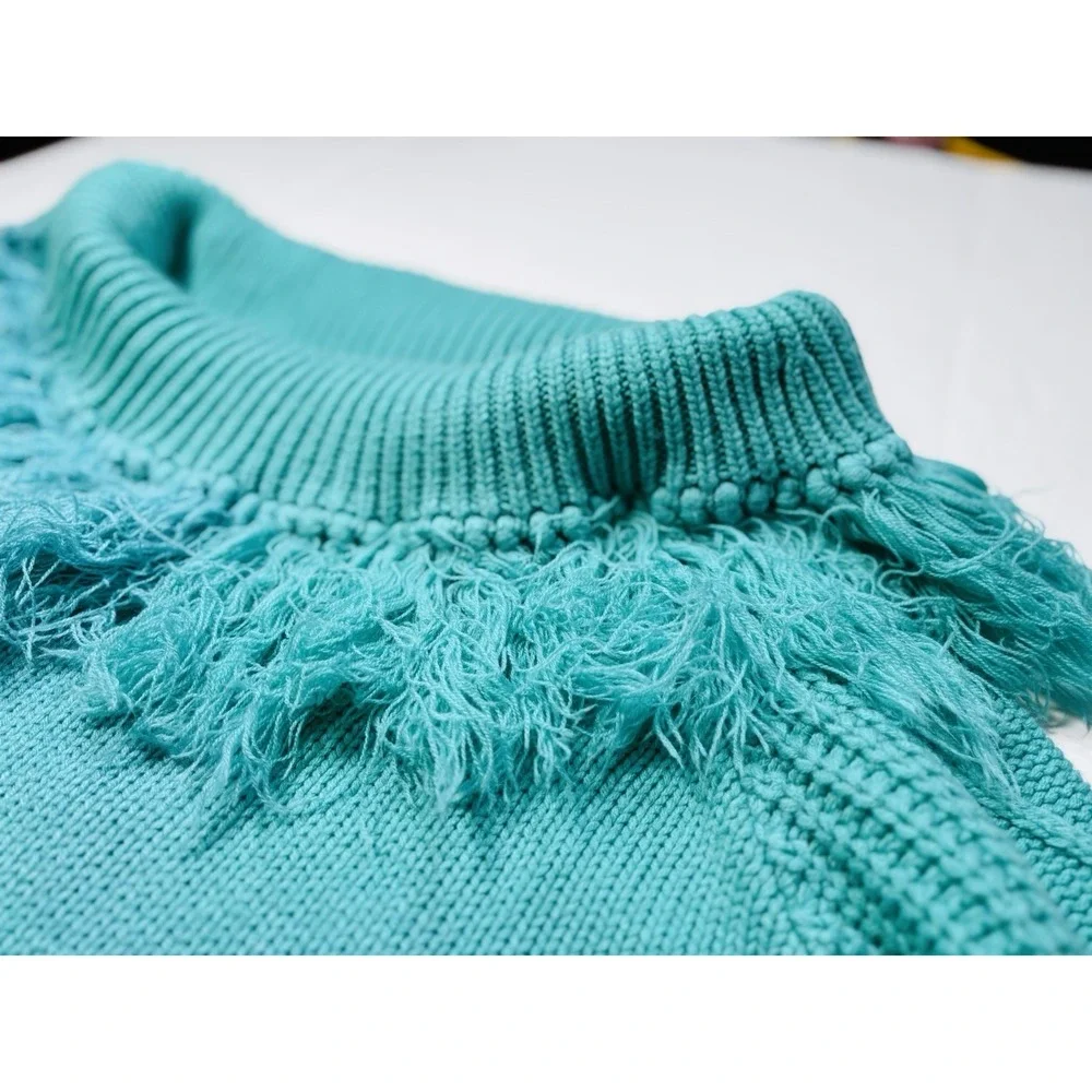 Rock &‎ Roll Cowgirl Women's XL Fringe Cowl Neck Chunky Knit Sweater Turquoise